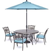 Traditions 5pc: 4 Dining Chairs, 48" Round Cast Table, Umbrella, Base