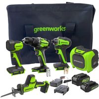 Greenworks - 24V 5 Tool Combo Kit - Drill, Impact Driver, Recip Saw, Light, Bluetooth Speaker, 2Ah + 4Ah Batteries, & Charger - Green