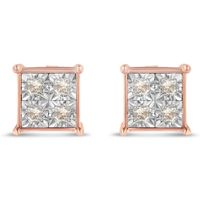 Rose Plated Sterling silver Princess Diamond Quad Stud Earrings (0.5 cttw, J-K Color, I1-I2 Clarity)