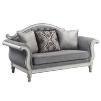 ACME Florian Loveseat w/3 Pillows, Gray Fabric & Antique White Finish