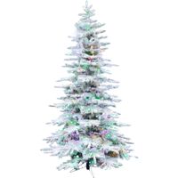 Fraser Hill Farm 9.0' Mountain Pine Flocked Snow Tree, Multi-Color/Clear LED Lights, Easy Connect, Remote