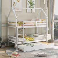 Merax Twin over Twin House Bunk Bed with Trundle and Chimney Design - White
