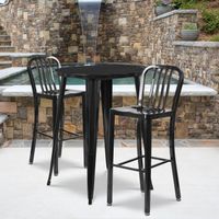 30'' Round Metal Indoor-Outdoor Bar Table Set with 2 Vertical Slat Back Stools - 30"W x 30"D x 41"H - Black