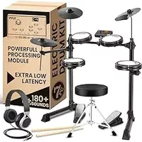 Pyle 7pc Electronic Drum Set with 180 Sound Styles, Complete Electric Drums with 4 Pads, 3 Cymbals, 2 Foot Pedal, Throne, Headphones, and Sticks, AUX, Headphone Out, USB MIDI Support