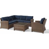 Crosley Furniture Bradenton 5-Piece Outdoor Wicker Seating Set with Navy Cushions - Right Corner Loveseat, Left Corner Loveseat, Corner Chair, Arm Chair, Sectional Glass Top Coffee Table