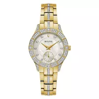 Bulova - Ladies Phantom Gold-Tone Crystal Watch White Mother-of-Pearl Dial