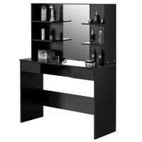 Modern Wooden Dressing Table with Drawer, Mirror and Shelves - Black
