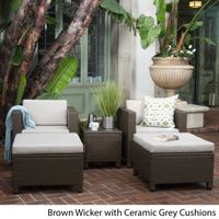 Puerta 5-piece Outdoor Wicker Chat Set with Water Resistant Cushions by Christopher Knight Home - Dark Brown + Beige