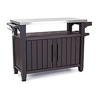Keter Unity XL Portable Outdoor Table and Storage Cabinet with Hooks for Grill Accessories-Stainless Steel Top for Patio Kitchen Island or Bar Cart, Espresso Brown Dark Grey Table and Cabinet