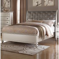 Opulent Wooden Queen Bed With Silver PU Tufted HB, Shinny Silver Finish