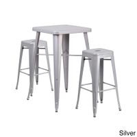 Offex Metal Indoor-Outdoor Restaurant Bar Table Set With 2 Backless Square Barstools - Silver