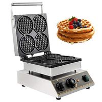 VBENLEM Commercial Round Waffle Maker 4pcs Nonstick 1750W Electric Muffin Machine Stainless Steel 110V Temperature and Time Control Suitable for Restaurant Snack Bar Family