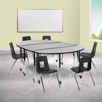 Mobile 86" Oval Wave Flexible Activity Table Set with 18" Student Stack Chairs - Grey