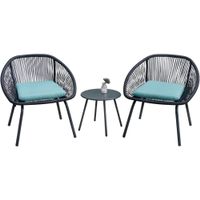 Clihome 3 PCS Patio Bistro Table Set Rattan Chair with Cushions - Blue