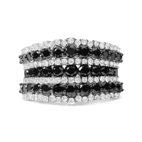 .925 Sterling Silver 1 3/4 Cttw Treated Black and White Alternating Diamond Multi Row Band Ring (Black / I-J Color, I2-I3 Clarity) - Size 6