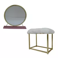 ACME Adao Vanity Mirror & Stool, Faux Fur, Mirror, Pink & Gold Finish