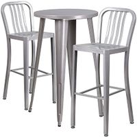Flash Furniture 24'' Round Silver Metal Indoor-Outdoor Bar Table Set with 2 Vertical Slat Back Stools
