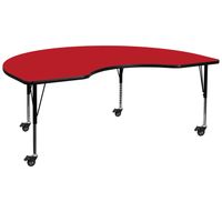 Mobile 48''W x 72''L Kidney HP Laminate Activity Table - Adjustable Short Legs - Red