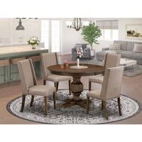 Dining Set Contains a Modern Dining Table and Dark Khaki Linen Fabric Modern Chairs - Distressed Jacobean Finish (Pieces Option) - F3FL5-716