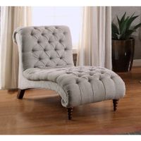 Button Tufted Chaise With Polyester Upholstery, Light Gray and Brown