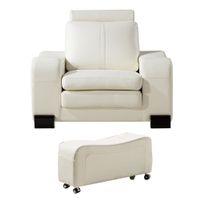 Faux Leather Upholstered Wooden Sofa Chair and Ottoman, Set of Two, White