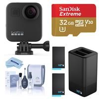 GoPro MAX 360 Action Camera - Bundle With 32GB MicroSDHC Card, GoPro 1600mAh Lithium-Ion Battery, GoPro Dual Battery Charger With 1600mAh Lithium-Ion Battery, Cleaning Kit, Microfiber Cloth
