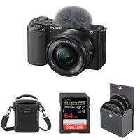 Sony ZV-E10 Mirrorless Camera with 16-50mm Lens, Black Bundle with 64GB SD Memory Card, Shoulder Bag, 40.5mm Filter Kit