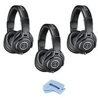 Audio-Technica 3 Pack ATH-M40x Professional Monitor Headphones, 98dB, 15-24kHz, with 9.8' Coiled and Straight Interchangeable Cables - Microfiber Cloth
