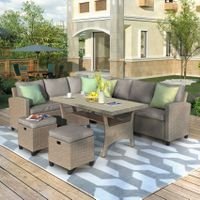 Patio Furniture Set, 5 Piece Outdoor Conversation Set, Dining Table Chair with Ottoman and Throw Pillows - Beige Brown
