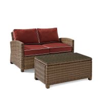Crosley Furniture Bradenton 2 Piece Outdoor Wicker Seating Set with Sangria Cushions - Loveseat & Glass Top Table