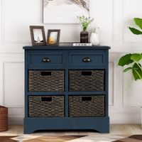 Rustic Storage Cabinet with Two Drawers and Four Classic Rattan Basket - Blue