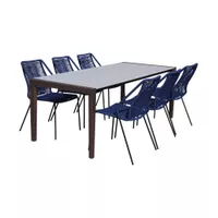 Fineline and Clip Indoor Outdoor 7 Piece Dining Set in Dark Eucalyptus Wood with Superstone and Rope - Blue