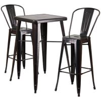 Flash Furniture 23.75'' Square Black-Antique Gold Metal Indoor-Outdoor Bar Table Set with 2 Barstools with Backs