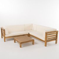 Christopher Knight Home 299117 Ravello 4-Piece Outdoor Acacia Wood Sectional Set w/Water Resistant Cushions |, Teak Finish + Beige