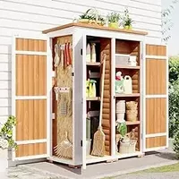 Miscoos 5.5ft x 4.1ft Wooden Storage Shed - Outdoor Waterproof Asphalt Roof, Garden Tool Cabinet with Lockable Doors and Multiple-Tier Shelves, Natural