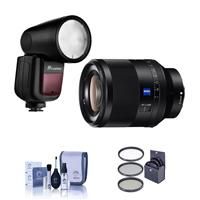Sony Planar T* FE 50mm F1.4 ZA Lens - Bundle With Flashpoint Zoom Li-on X R2 TTL On-Camera Round Flash Speedlight, 77mm Filter Kit, Cleaning Kit