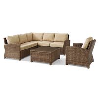 Crosley Furniture Bradenton 5-Piece Outdoor Wicker Seating Set with Sand Cushions - Right Corner Loveseat, Left Corner Loveseat, Corner Chair, Arm Chair, Sectional Glass Top Coffee Table