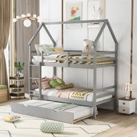 Merax Twin over Twin House Bunk Bed with Trundle and Chimney Design - Grey
