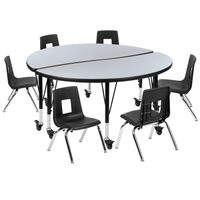 Mobile 47.5" Circle Wave Collaborative Laminate Activity Table Set with 12" Student Stack Chairs, Grey/Black - Grey