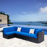 Fully Equipped Rattan Sofa Set with 2 Corner Sofas & 3 Single Sofas - Reversible - Blue+Black
