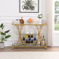 Golden Bar Cart with Wine Rack, Metal Frame Wine Storage - Gold - Glass