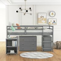 Twin Size Low Loft Bed with Cabinet and Rolling Portable Study Desk - Gray