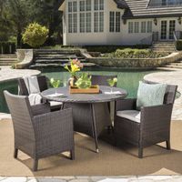Cypress Outdoor 5-piece Round Wicker Dining Set with Cushions & Umbrella Hole by Christopher Knight Home - Grey + Light Grey + Dark Grey