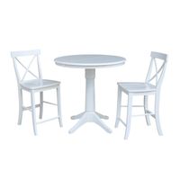 36" Round Extension Dining Table 34.9"H With 2 X-Back Counterheight Stools - White