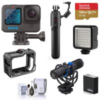 GoPro HERO11 Black Waterproof Action Camera Vlogging Bundle with Volta 4900mAh Battery Grip with Built-In Tripod Legs, Cage, Microphone, LED Light, 128GB microSD Card, Extra Battery, Cleaning Kit