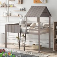 Twin size Loft Bed Wood Bed with Guardrail  Solid Wood with Ladder - Grey Wash
