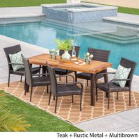 Sutton Outdoor 7 Piece Acacia Wood/ Wicker Dining Set by Christopher Knight Home - Teak + Rustic Metal + Multibrown