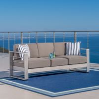 Cape Coral Outdoor Loveseat Sofa with Tray by Christopher Knight Home - Silver with Water Resistant Fabric Khaki Cushions