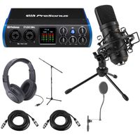 PreSonus Studio 24c 2x2 Portable Ultra-High Definition USB Type-C Audio/MIDI Interface - Bundle With H&A Cardioid Condenser Microphone, JamStands Tripod Mic Stand, Samson Stereo Headphones, And More