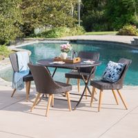 Opal Outdoor 5-Piece Round Foldable Wicker Dining Set with Umbrella Hole by Christopher Knight Home - Brown - 5-Piece Sets